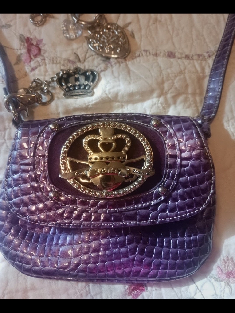 Kathy Van Zeeland Purple Croc-Embossed Crossbody with Crown Medallion